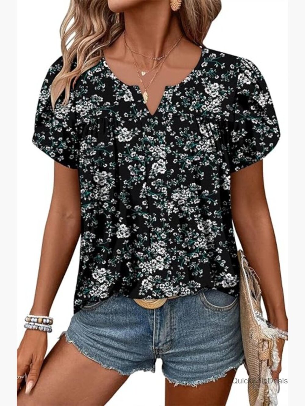 Soft Short Sleeve T-Shirt with Floral Print and Ruffle Sleeves